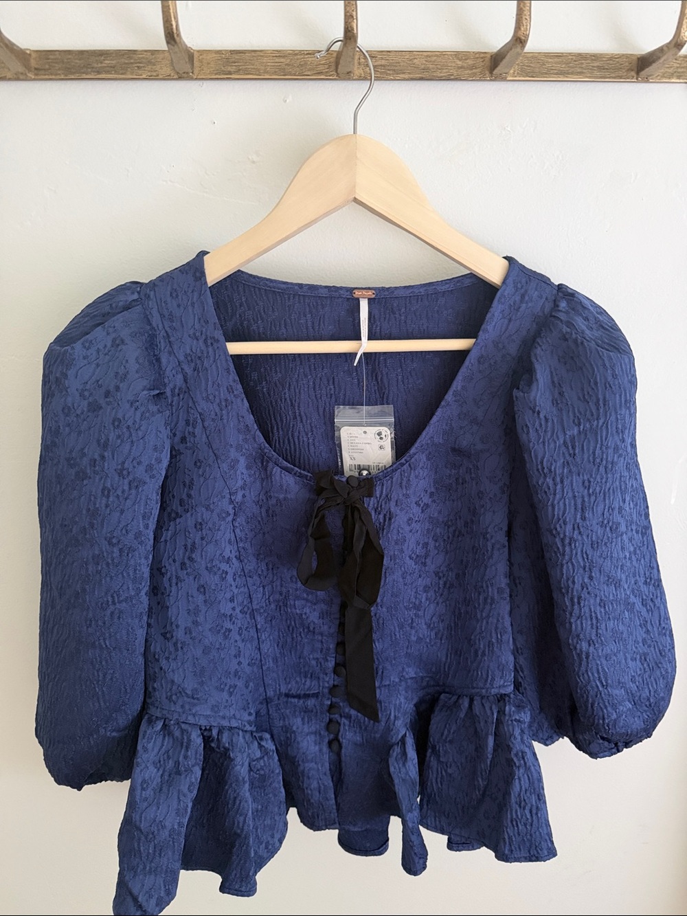 Free People Deep Navy Textured Peplum Blouse with Ribbon Tie